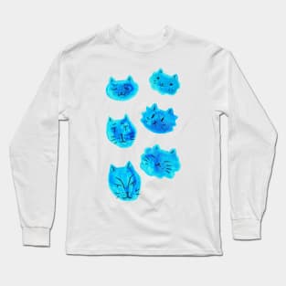 Blue Watercolor Cat Faces Long Sleeve T-Shirt